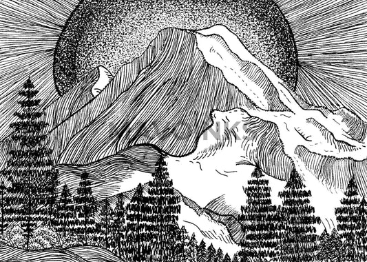 Hand Drawing Of Scenic View Mountains Sun And Trees 5X7 Print