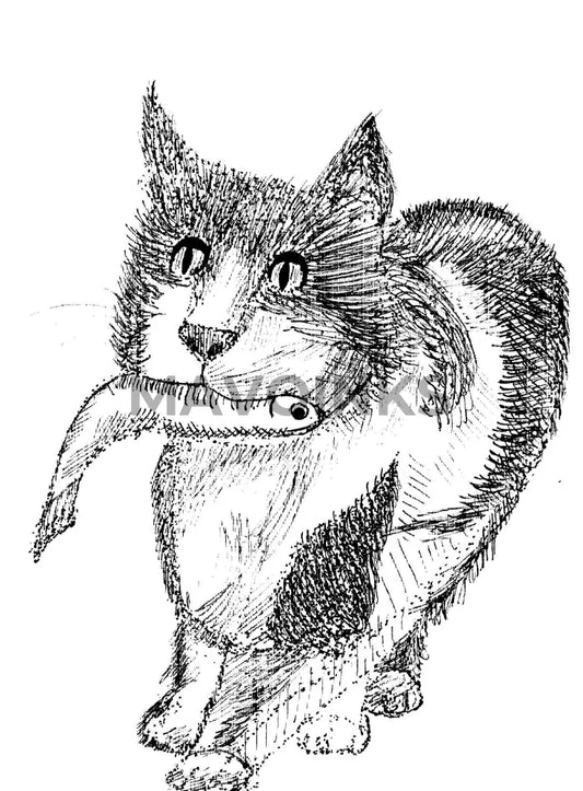 Handmade Drawing Of Cat With Fish In Mouth 5X7 Print