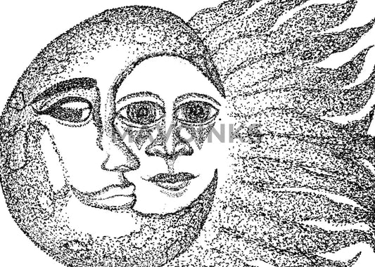 Sun And Moon Freehand Stipple Drawing Print 5X7